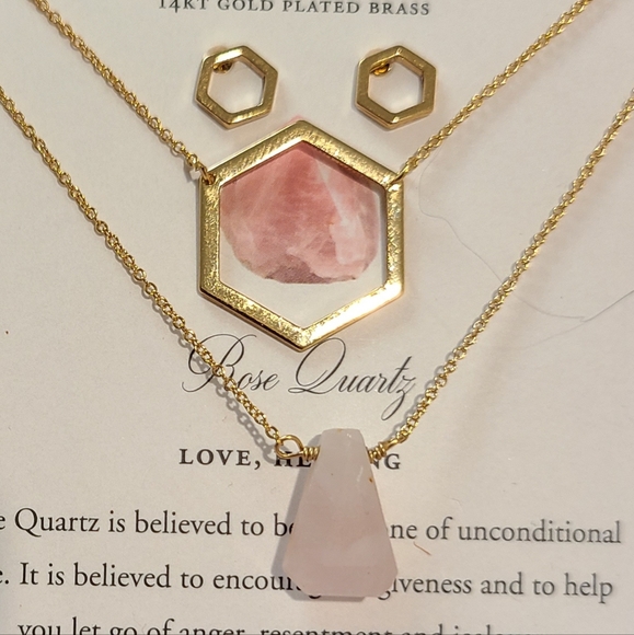3 PC LUNA NORTE 14K GP HEXAGON EARRINGS & NECKLACES ROSE QUARTZ STONE GEMSTONES - Picture 2 of 3